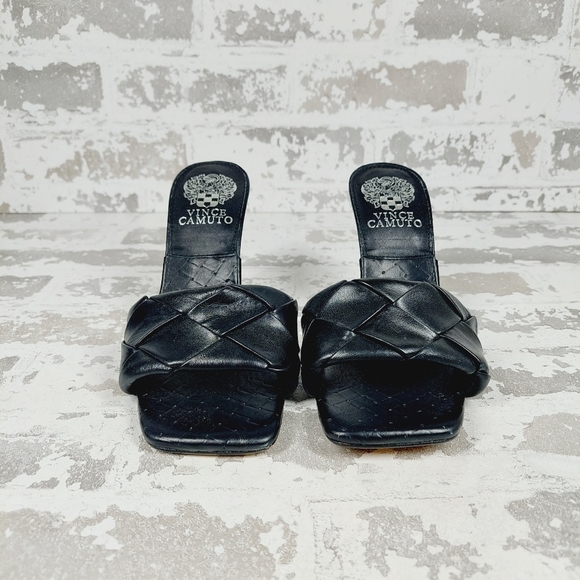 New Vince Camuto Brelanie Black Woven Leather Square Toe Heeled Sandals X233 - Picture 2 of 13